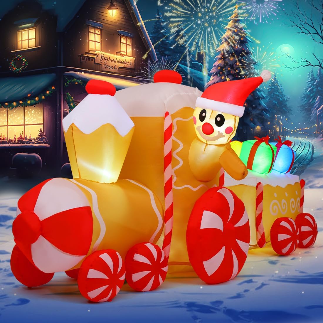 COMIN 9FT Christmas Inflatables Gingerbread Man Train Yard LEDs Decor / Built-in LEDs and festive gingerbread