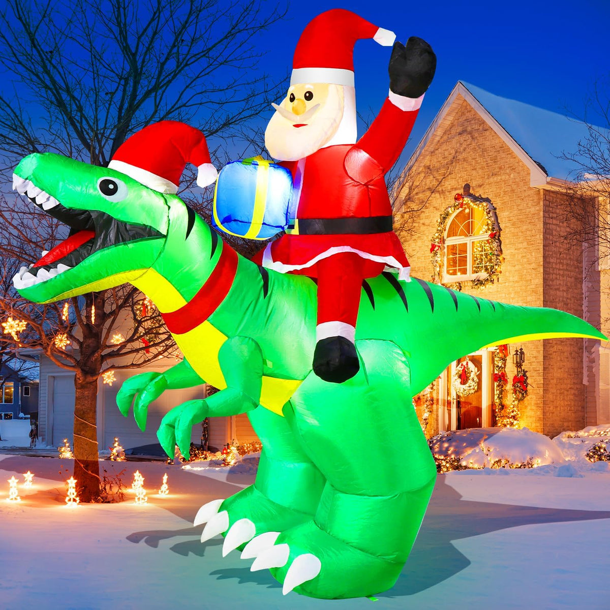 Inflatable Santa Riding a Dinosaur, Christmas outdoor decoration