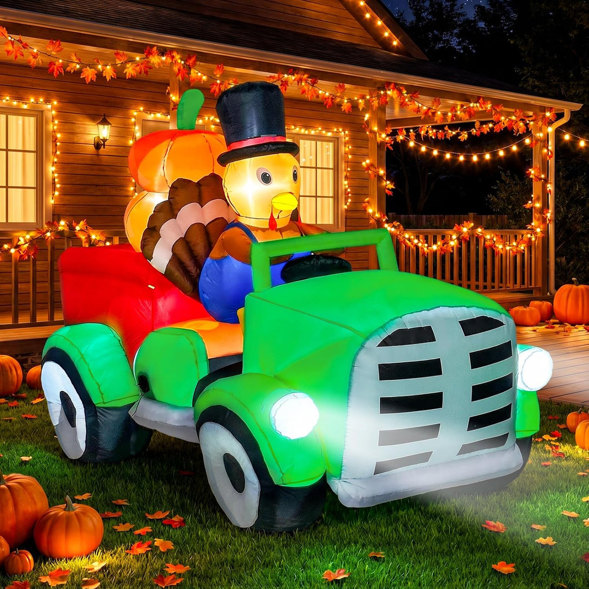 8 ft Lighted Inflatable Turkey Driving a Car, Thanksgiving outdoor decoration