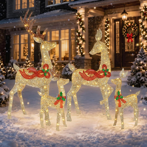 58 in 3D Lighted Gold Reindeer Family, 4 Pieces, Christmas outdoor decoration